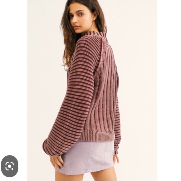 Free People Chunky Knit Sweetheart Sweater In Dark Wash Burgundy Red - Picture 2 of 8